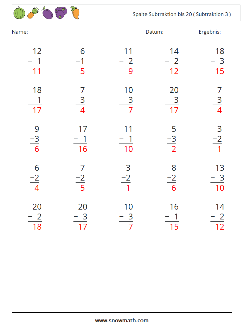 (25) Spalte Subtraktion bis 20 ( Subtraktion 3 ) Mathe-Arbeitsblätter 17 Frage, Antwort