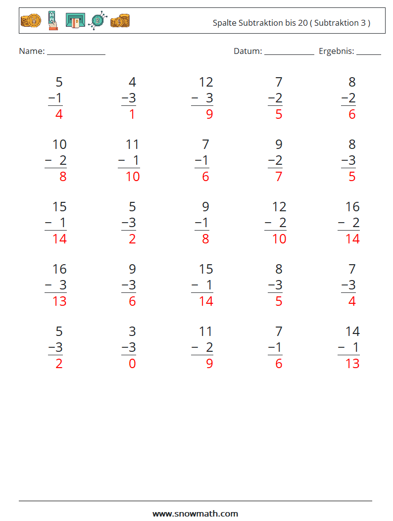 (25) Spalte Subtraktion bis 20 ( Subtraktion 3 ) Mathe-Arbeitsblätter 18 Frage, Antwort