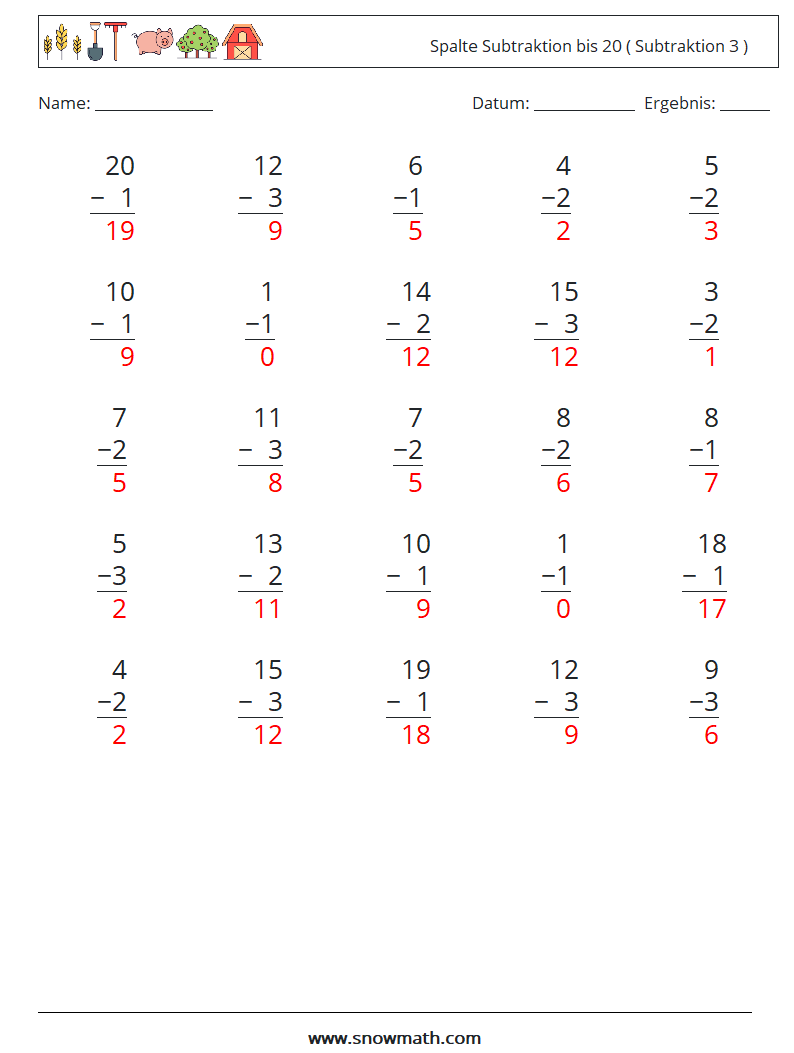 (25) Spalte Subtraktion bis 20 ( Subtraktion 3 ) Mathe-Arbeitsblätter 8 Frage, Antwort