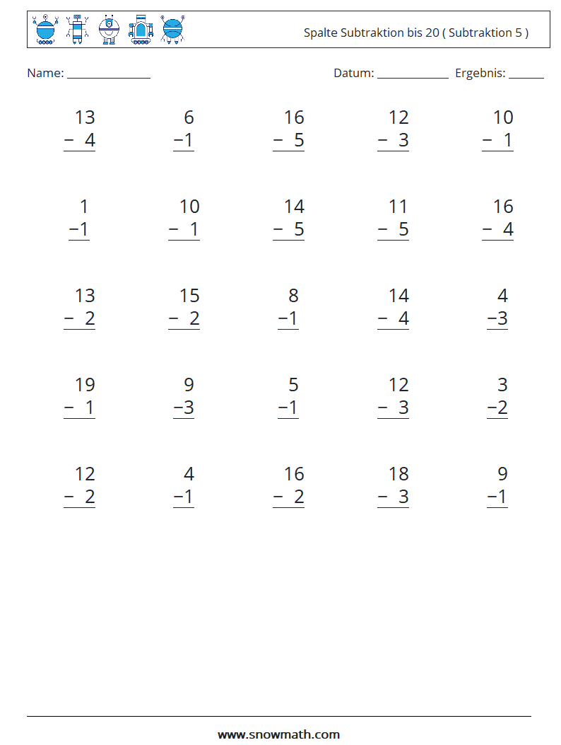 (25) Spalte Subtraktion bis 20 ( Subtraktion 5 ) Mathe-Arbeitsblätter 10