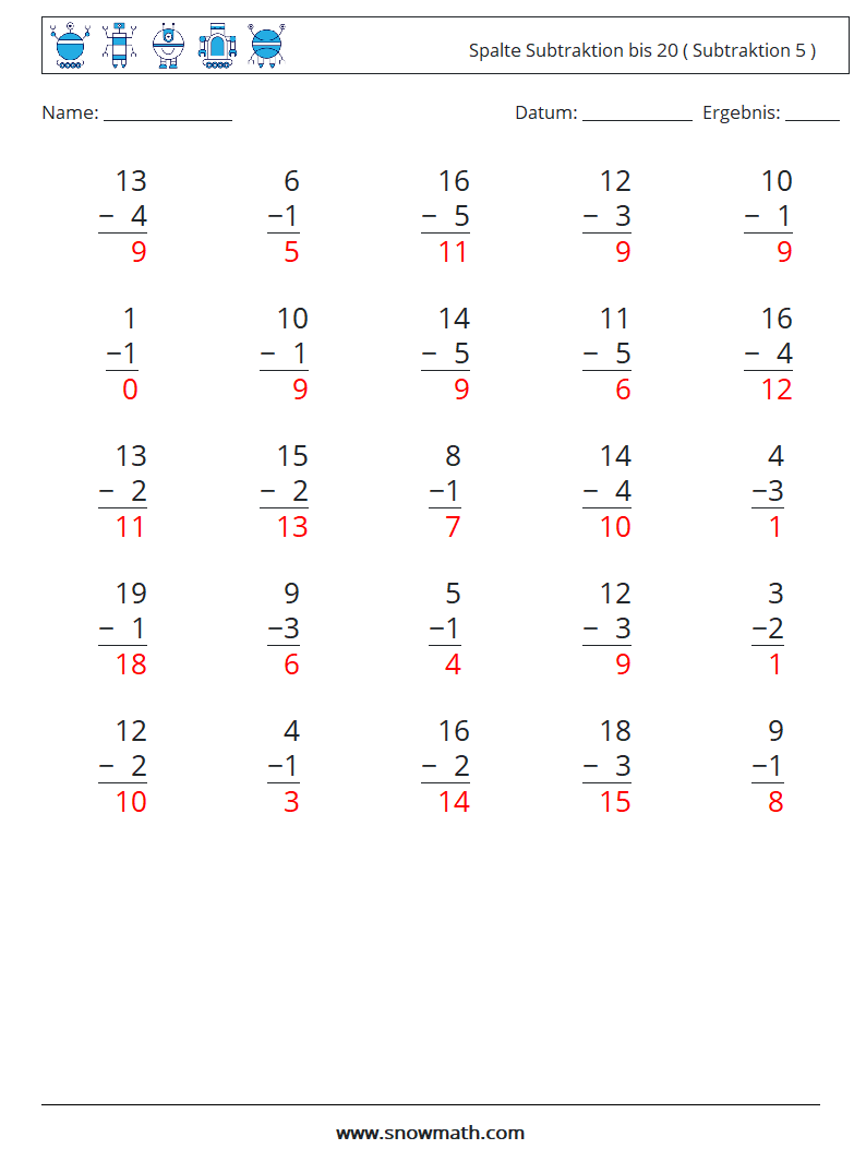 (25) Spalte Subtraktion bis 20 ( Subtraktion 5 ) Mathe-Arbeitsblätter 10 Frage, Antwort