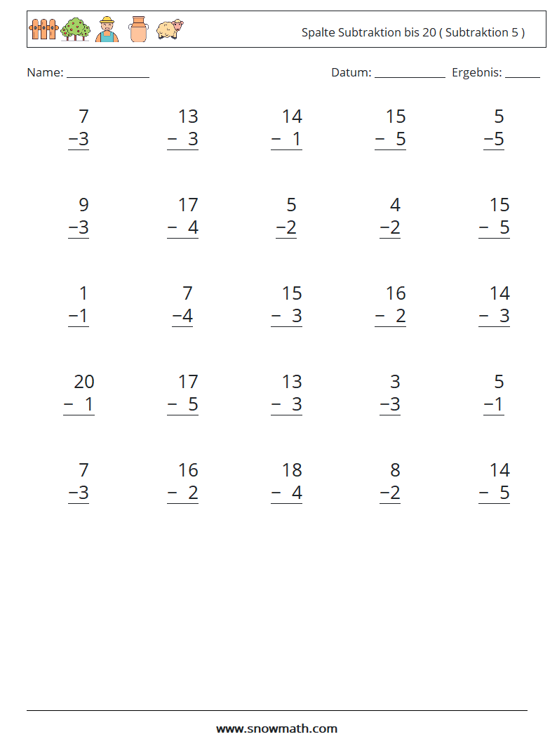 (25) Spalte Subtraktion bis 20 ( Subtraktion 5 ) Mathe-Arbeitsblätter 11