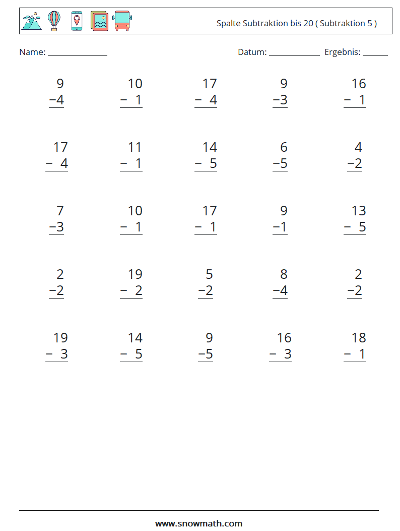 (25) Spalte Subtraktion bis 20 ( Subtraktion 5 ) Mathe-Arbeitsblätter 12