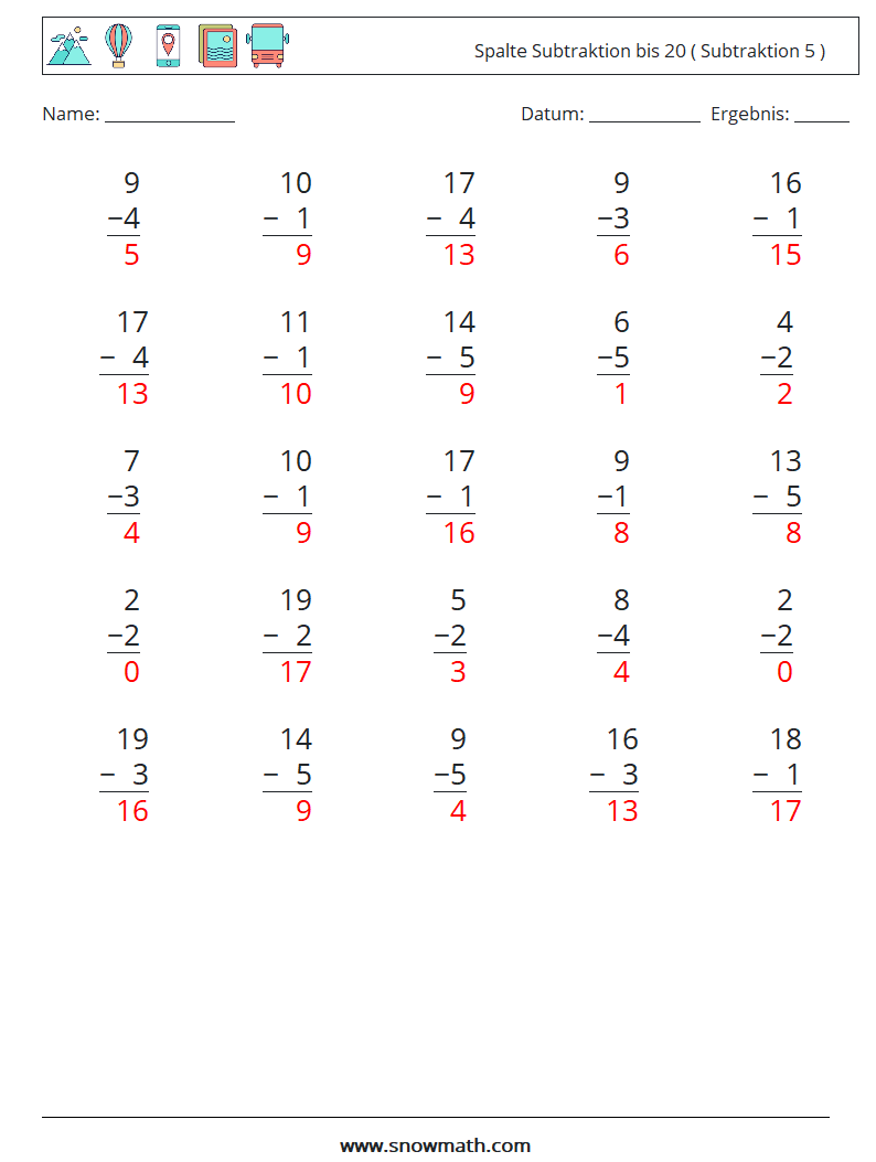 (25) Spalte Subtraktion bis 20 ( Subtraktion 5 ) Mathe-Arbeitsblätter 12 Frage, Antwort