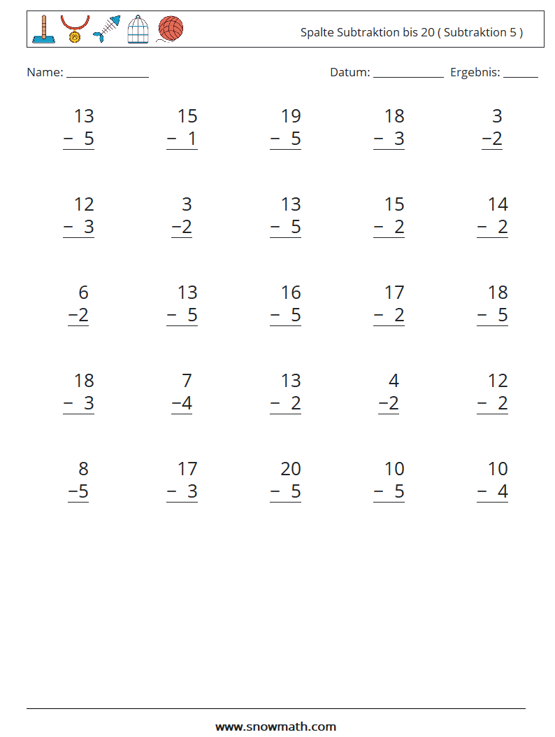 (25) Spalte Subtraktion bis 20 ( Subtraktion 5 ) Mathe-Arbeitsblätter 13