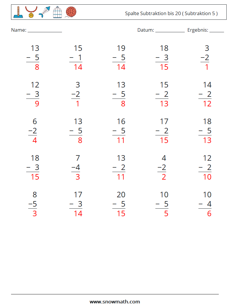 (25) Spalte Subtraktion bis 20 ( Subtraktion 5 ) Mathe-Arbeitsblätter 13 Frage, Antwort