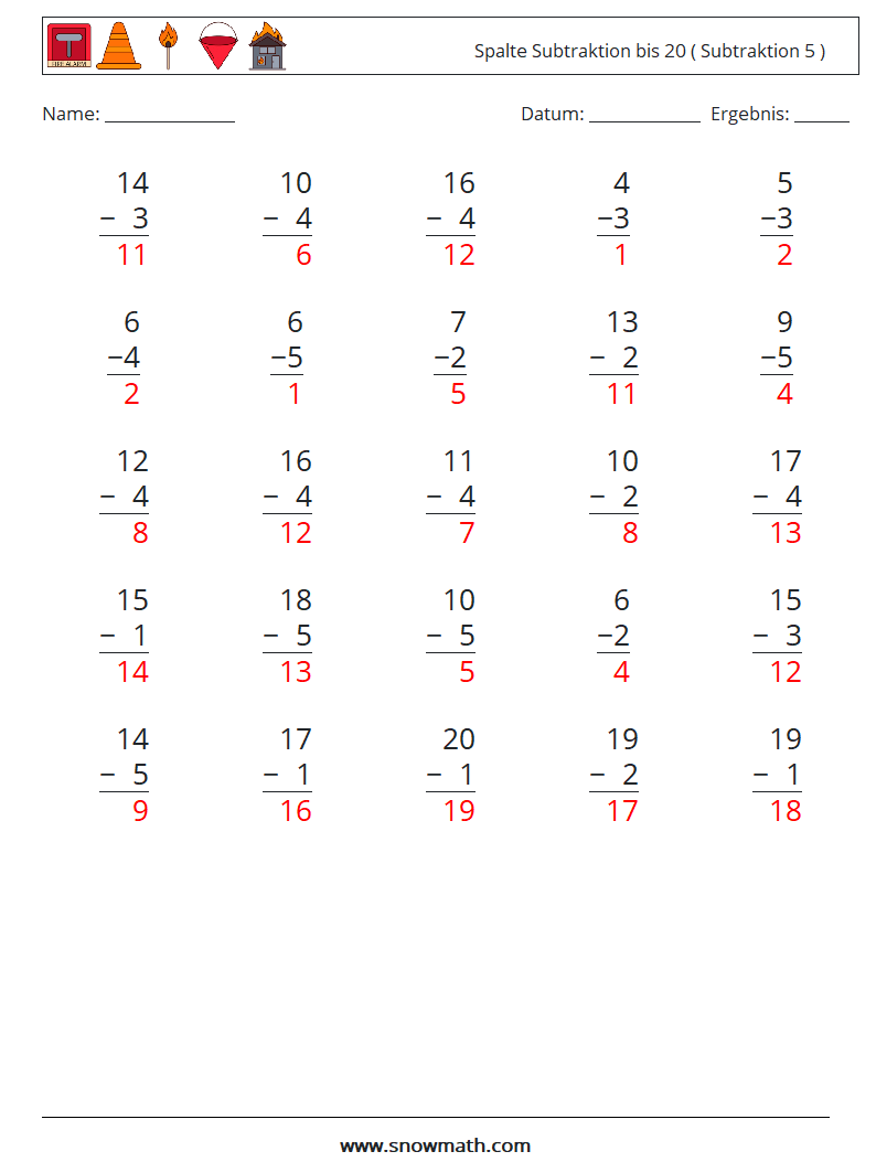 (25) Spalte Subtraktion bis 20 ( Subtraktion 5 ) Mathe-Arbeitsblätter 14 Frage, Antwort
