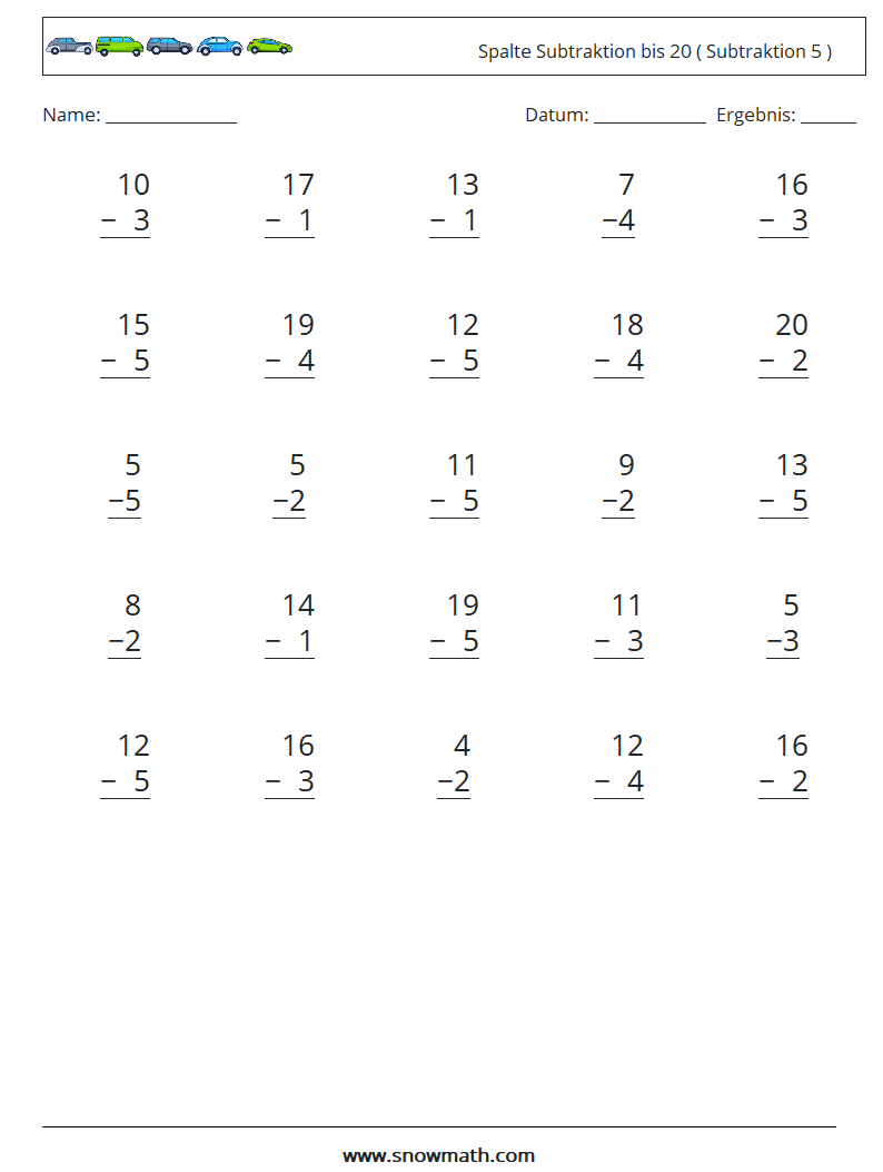 (25) Spalte Subtraktion bis 20 ( Subtraktion 5 ) Mathe-Arbeitsblätter 15