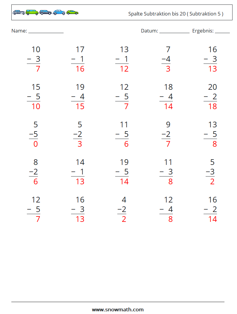 (25) Spalte Subtraktion bis 20 ( Subtraktion 5 ) Mathe-Arbeitsblätter 15 Frage, Antwort