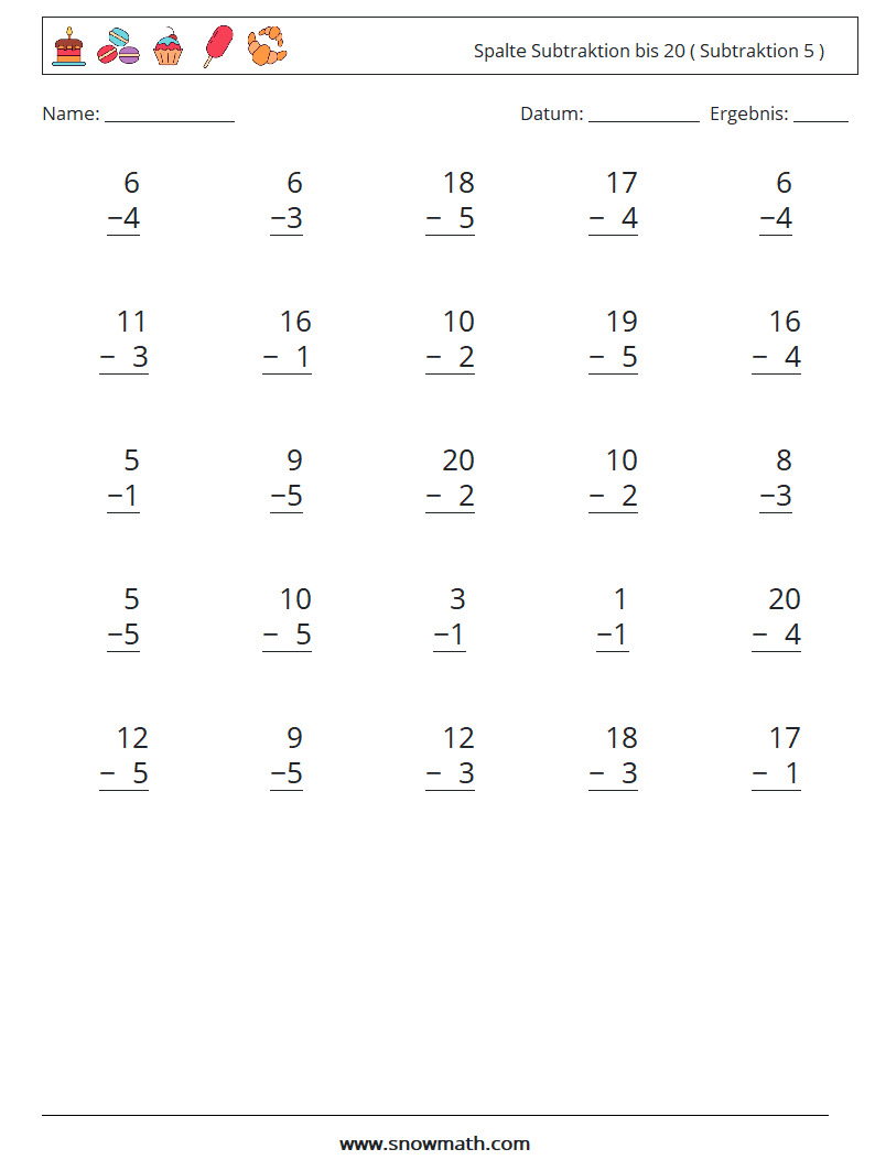 (25) Spalte Subtraktion bis 20 ( Subtraktion 5 ) Mathe-Arbeitsblätter 16