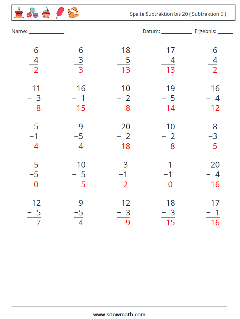 (25) Spalte Subtraktion bis 20 ( Subtraktion 5 ) Mathe-Arbeitsblätter 16 Frage, Antwort