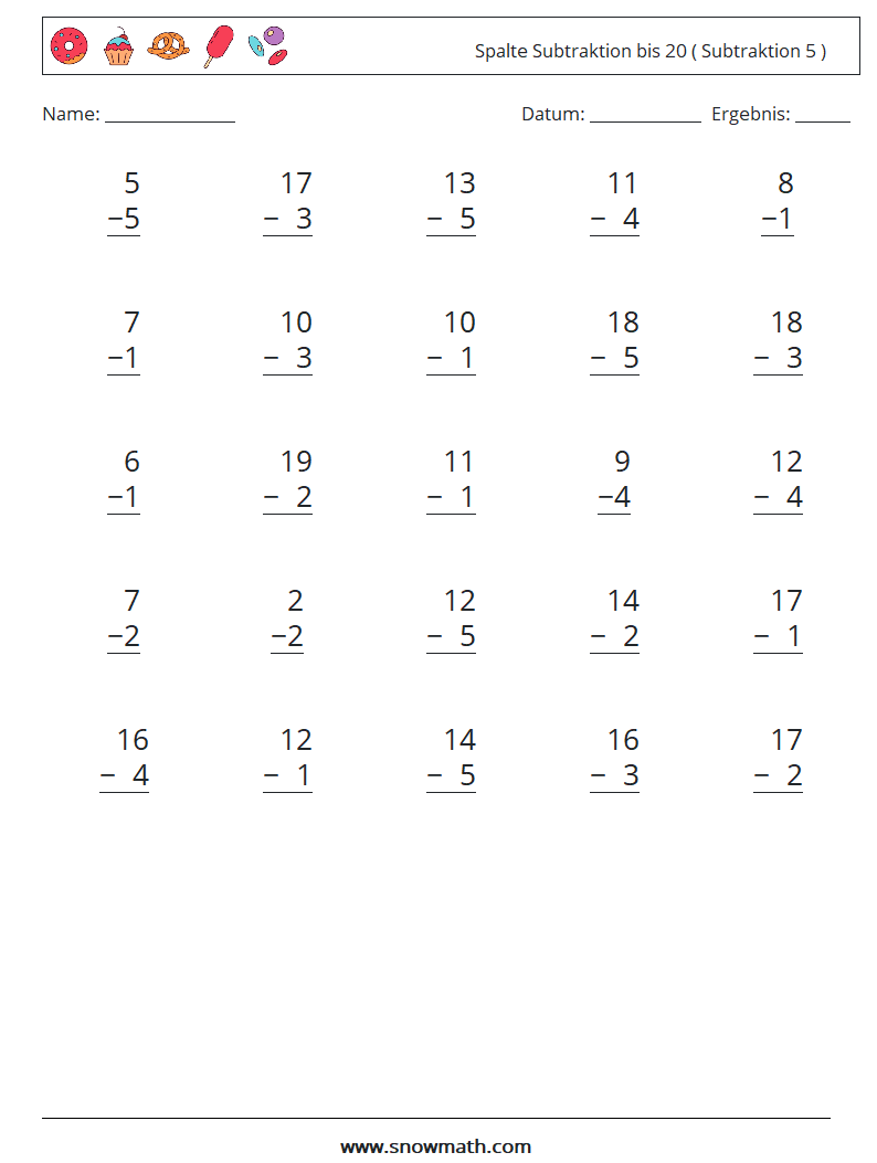 (25) Spalte Subtraktion bis 20 ( Subtraktion 5 ) Mathe-Arbeitsblätter 17