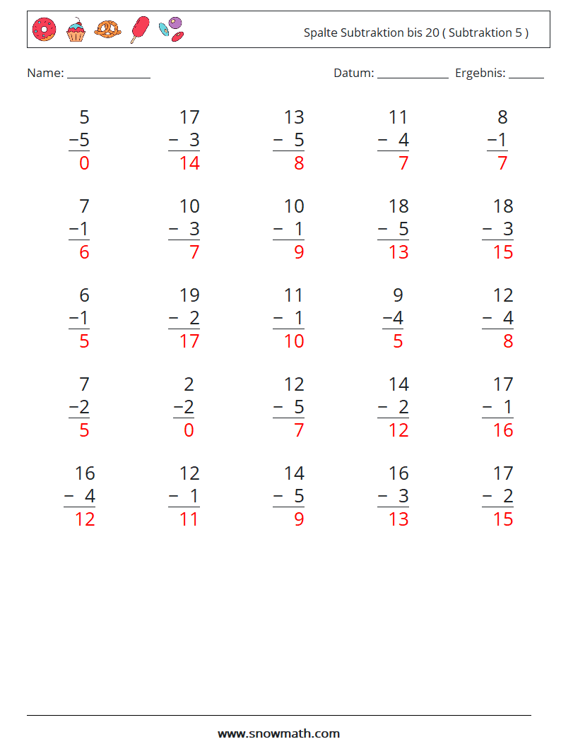 (25) Spalte Subtraktion bis 20 ( Subtraktion 5 ) Mathe-Arbeitsblätter 17 Frage, Antwort