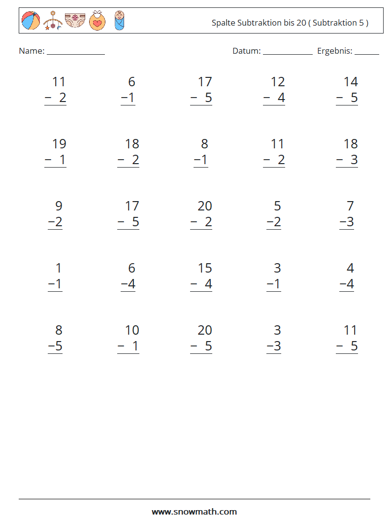 (25) Spalte Subtraktion bis 20 ( Subtraktion 5 ) Mathe-Arbeitsblätter 18
