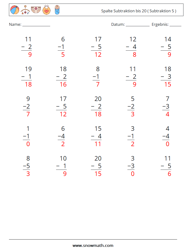 (25) Spalte Subtraktion bis 20 ( Subtraktion 5 ) Mathe-Arbeitsblätter 18 Frage, Antwort
