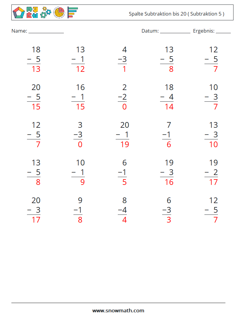 (25) Spalte Subtraktion bis 20 ( Subtraktion 5 ) Mathe-Arbeitsblätter 1 Frage, Antwort
