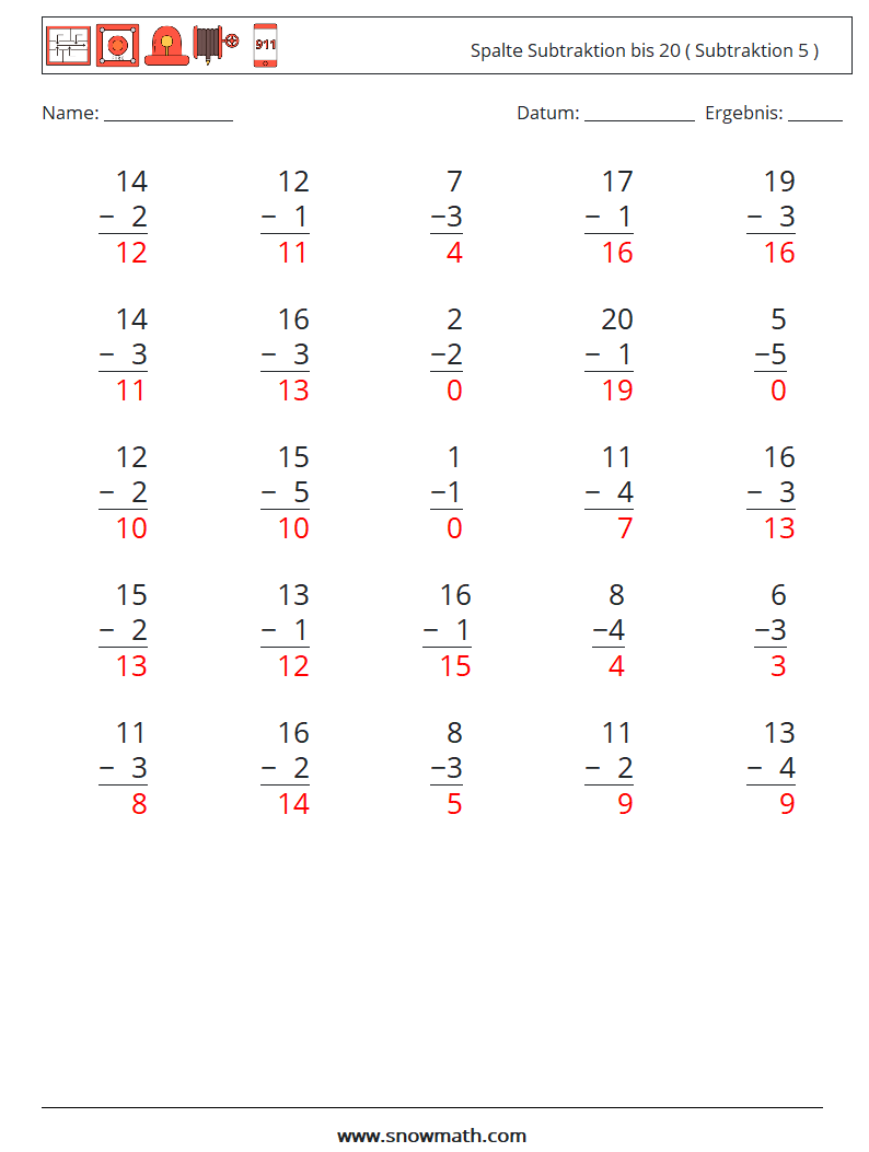 (25) Spalte Subtraktion bis 20 ( Subtraktion 5 ) Mathe-Arbeitsblätter 2 Frage, Antwort