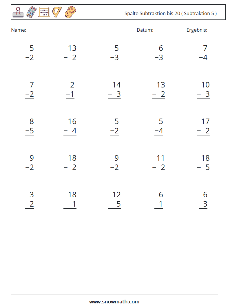(25) Spalte Subtraktion bis 20 ( Subtraktion 5 ) Mathe-Arbeitsblätter 3