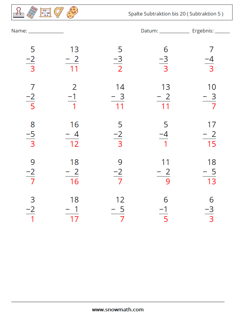 (25) Spalte Subtraktion bis 20 ( Subtraktion 5 ) Mathe-Arbeitsblätter 3 Frage, Antwort