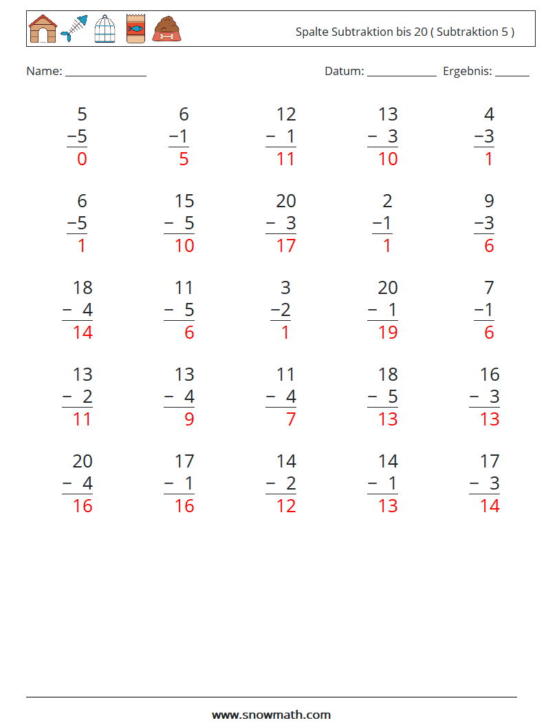 (25) Spalte Subtraktion bis 20 ( Subtraktion 5 ) Mathe-Arbeitsblätter 4 Frage, Antwort