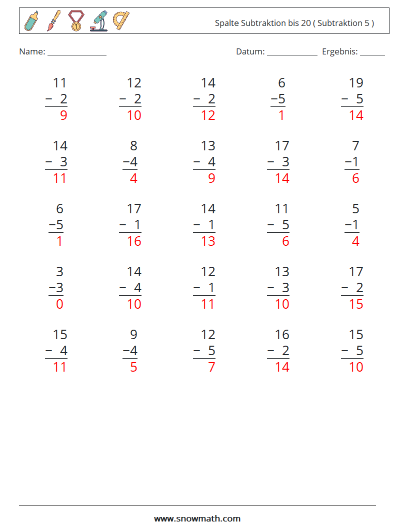 (25) Spalte Subtraktion bis 20 ( Subtraktion 5 ) Mathe-Arbeitsblätter 5 Frage, Antwort