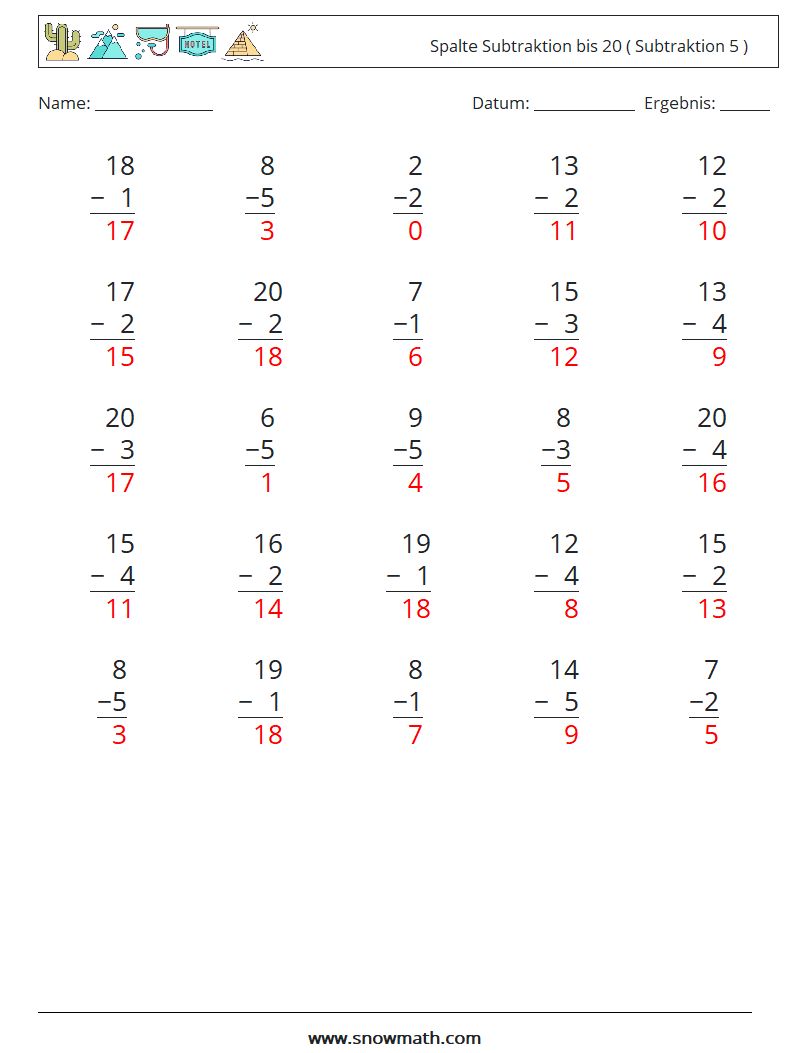 (25) Spalte Subtraktion bis 20 ( Subtraktion 5 ) Mathe-Arbeitsblätter 6 Frage, Antwort