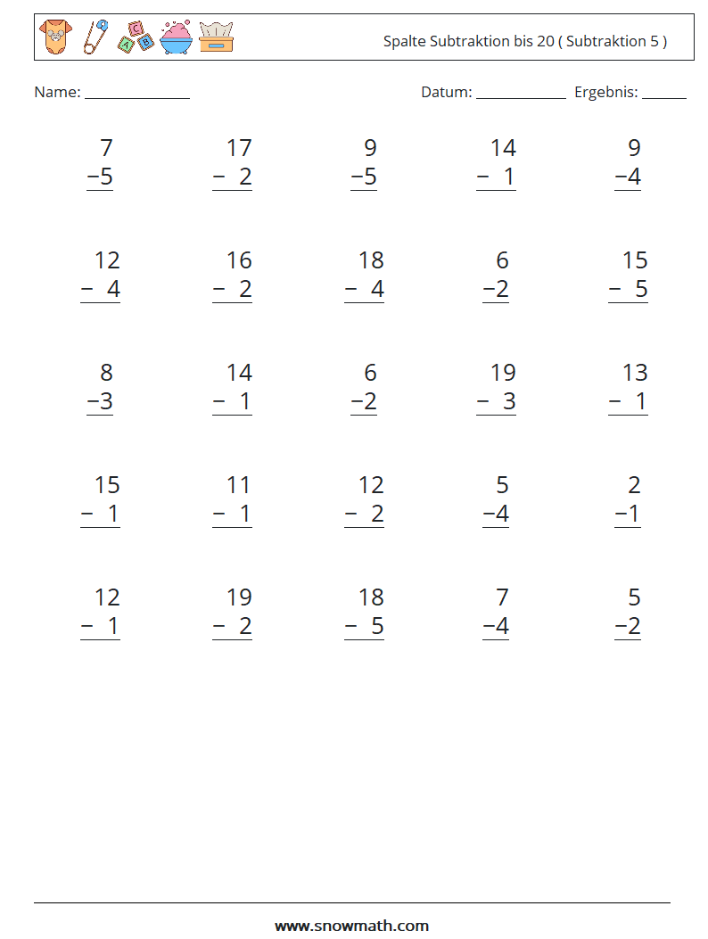 (25) Spalte Subtraktion bis 20 ( Subtraktion 5 ) Mathe-Arbeitsblätter 7