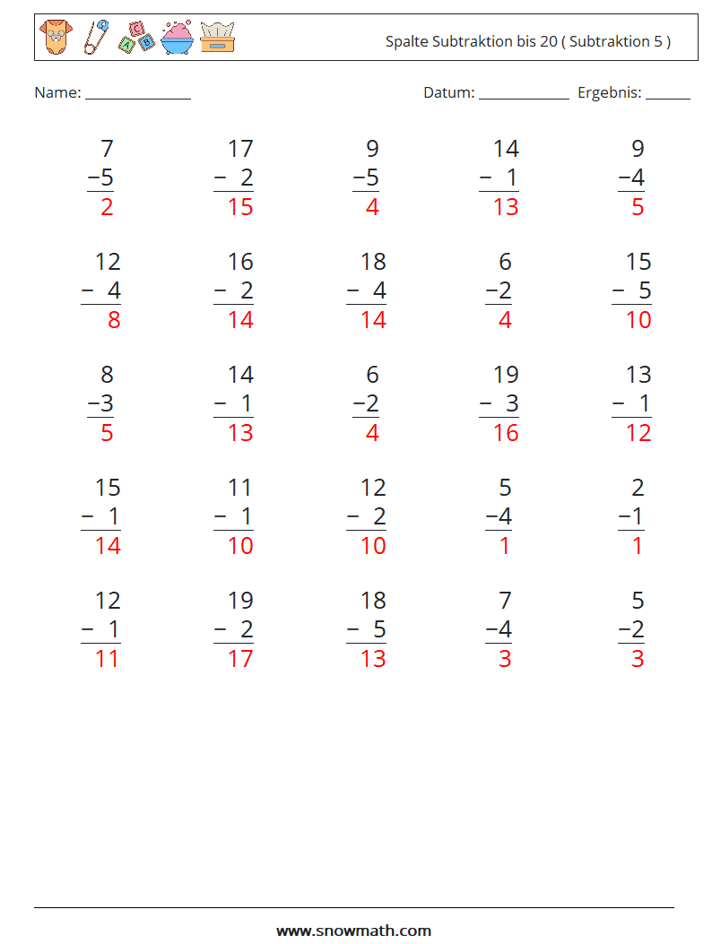 (25) Spalte Subtraktion bis 20 ( Subtraktion 5 ) Mathe-Arbeitsblätter 7 Frage, Antwort