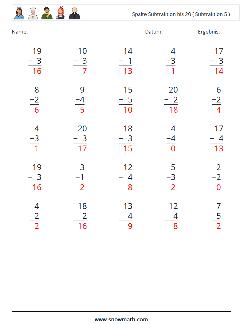 (25) Spalte Subtraktion bis 20 ( Subtraktion 5 ) Mathe-Arbeitsblätter 9 Frage, Antwort