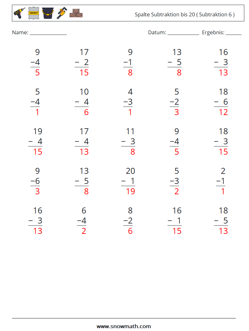 (25) Spalte Subtraktion bis 20 ( Subtraktion 6 ) Mathe-Arbeitsblätter 13 Frage, Antwort