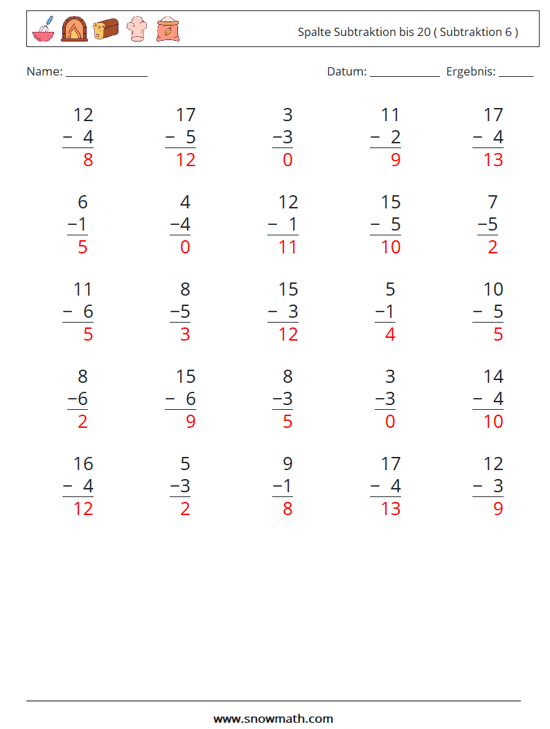 (25) Spalte Subtraktion bis 20 ( Subtraktion 6 ) Mathe-Arbeitsblätter 16 Frage, Antwort