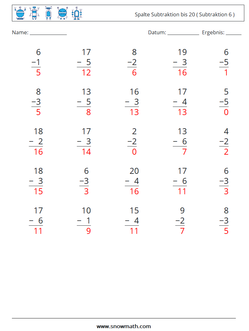 (25) Spalte Subtraktion bis 20 ( Subtraktion 6 ) Mathe-Arbeitsblätter 2 Frage, Antwort
