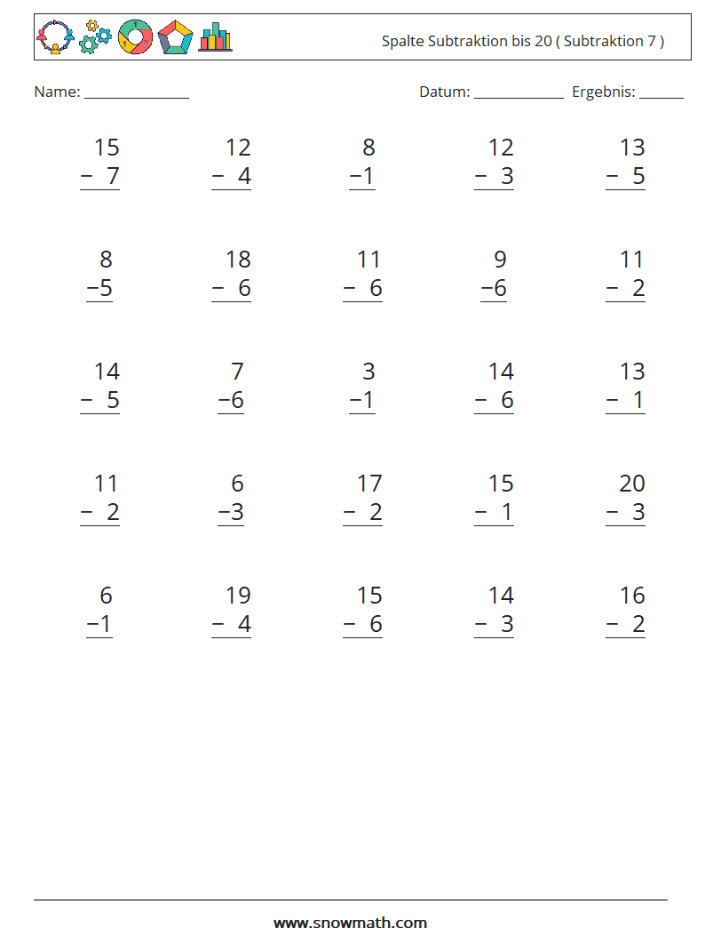 (25) Spalte Subtraktion bis 20 ( Subtraktion 7 ) Mathe-Arbeitsblätter 10