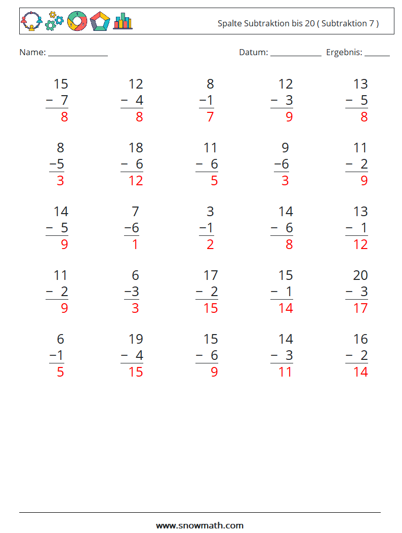 (25) Spalte Subtraktion bis 20 ( Subtraktion 7 ) Mathe-Arbeitsblätter 10 Frage, Antwort