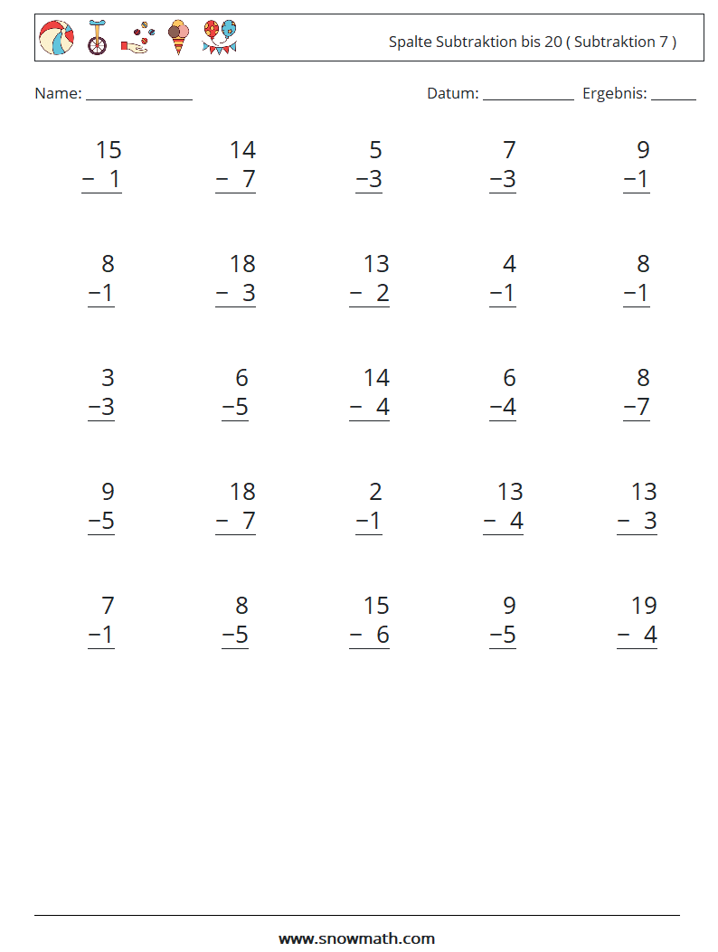 (25) Spalte Subtraktion bis 20 ( Subtraktion 7 ) Mathe-Arbeitsblätter 11