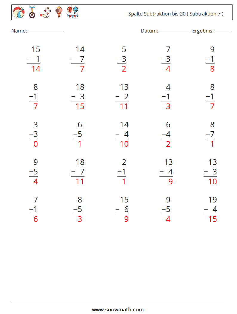 (25) Spalte Subtraktion bis 20 ( Subtraktion 7 ) Mathe-Arbeitsblätter 11 Frage, Antwort