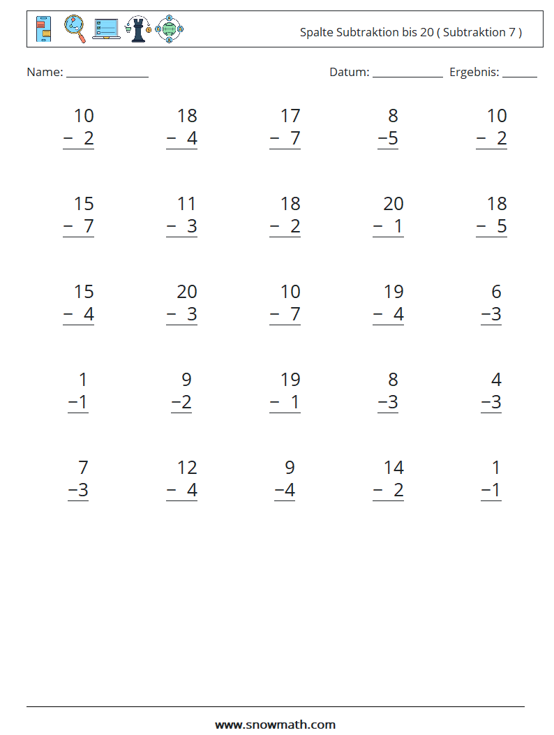 (25) Spalte Subtraktion bis 20 ( Subtraktion 7 ) Mathe-Arbeitsblätter 12