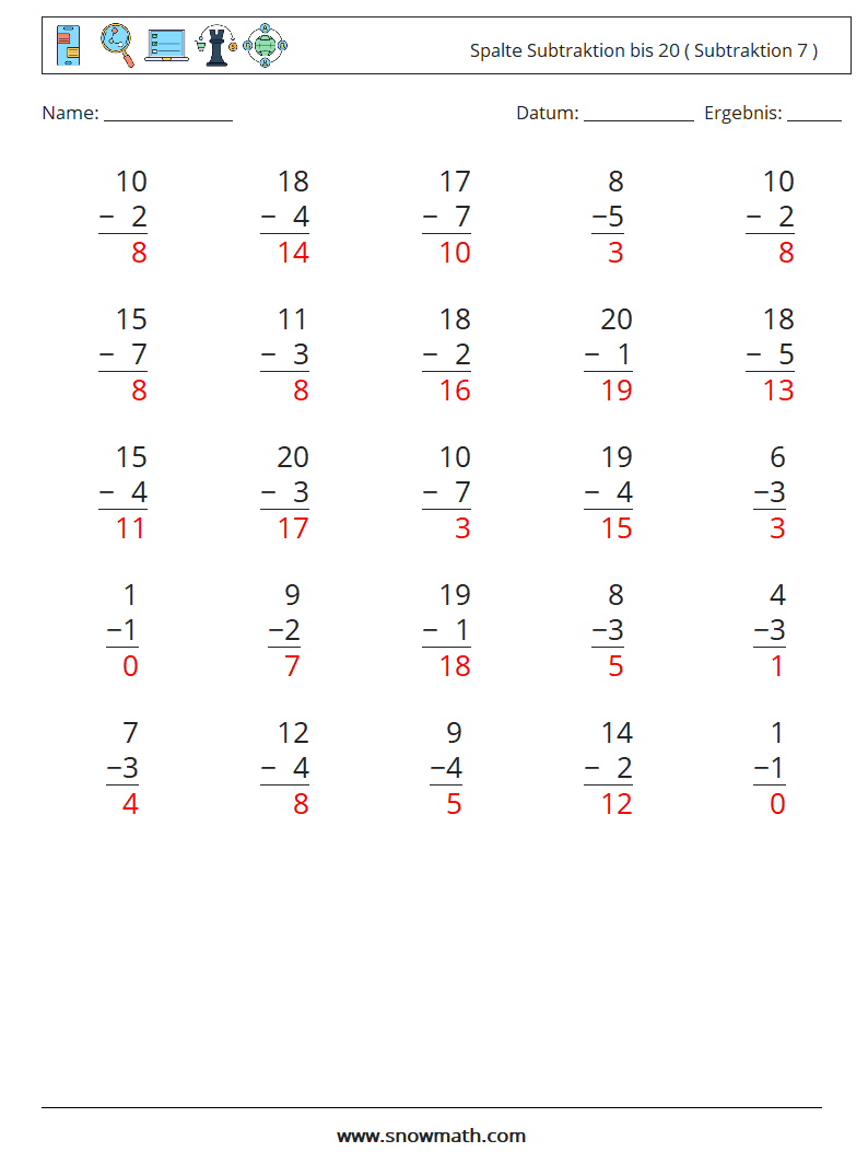 (25) Spalte Subtraktion bis 20 ( Subtraktion 7 ) Mathe-Arbeitsblätter 12 Frage, Antwort