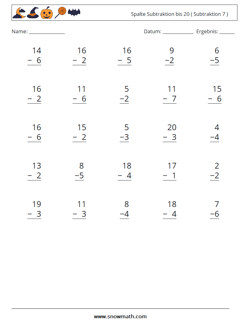 (25) Spalte Subtraktion bis 20 ( Subtraktion 7 ) Mathe-Arbeitsblätter 13