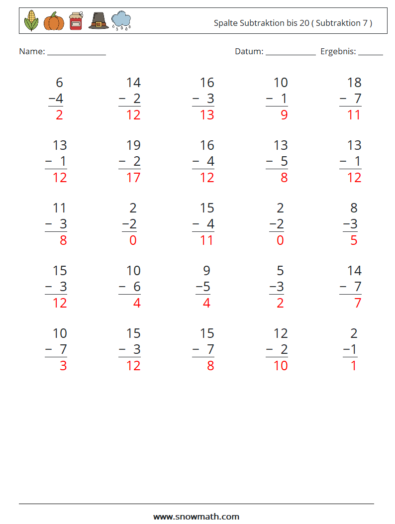 (25) Spalte Subtraktion bis 20 ( Subtraktion 7 ) Mathe-Arbeitsblätter 14 Frage, Antwort
