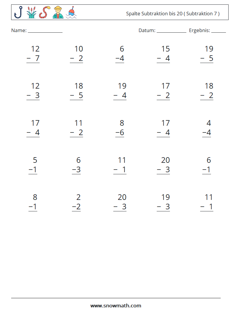 (25) Spalte Subtraktion bis 20 ( Subtraktion 7 ) Mathe-Arbeitsblätter 15