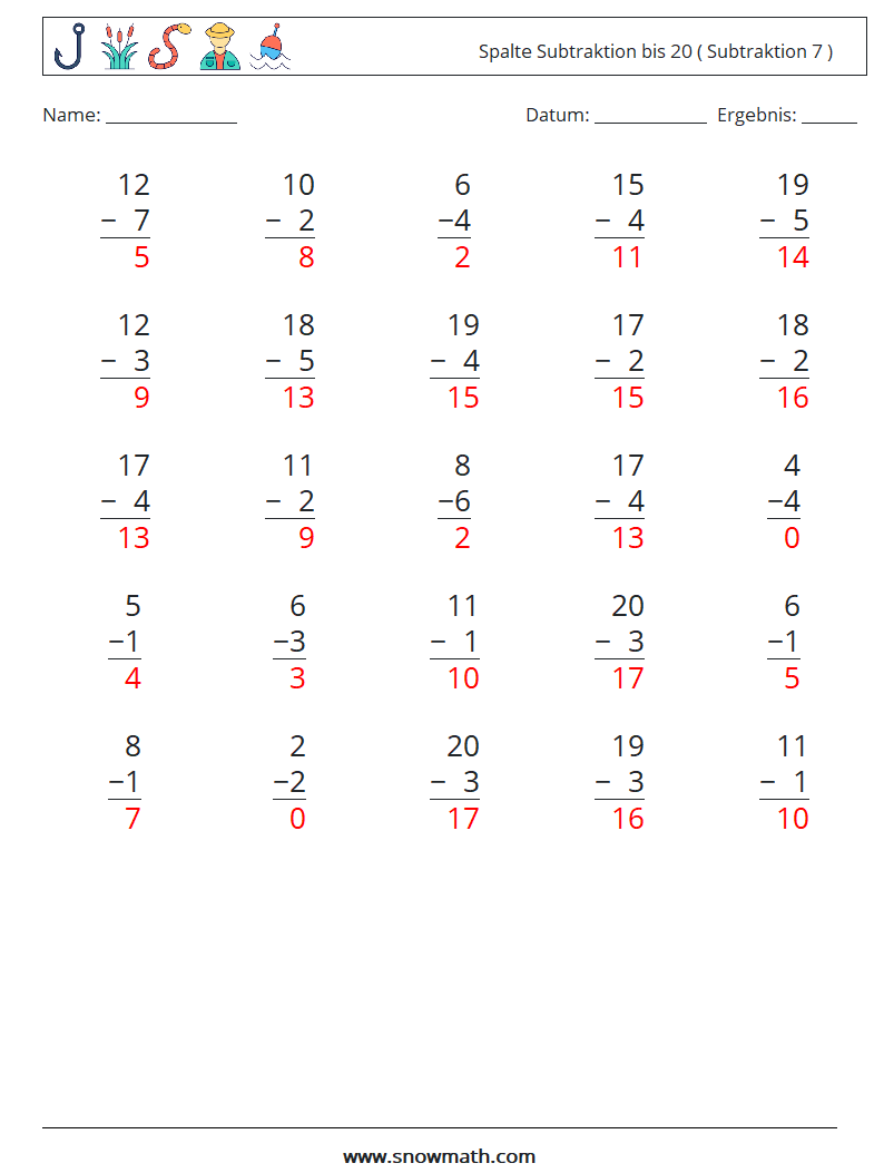 (25) Spalte Subtraktion bis 20 ( Subtraktion 7 ) Mathe-Arbeitsblätter 15 Frage, Antwort