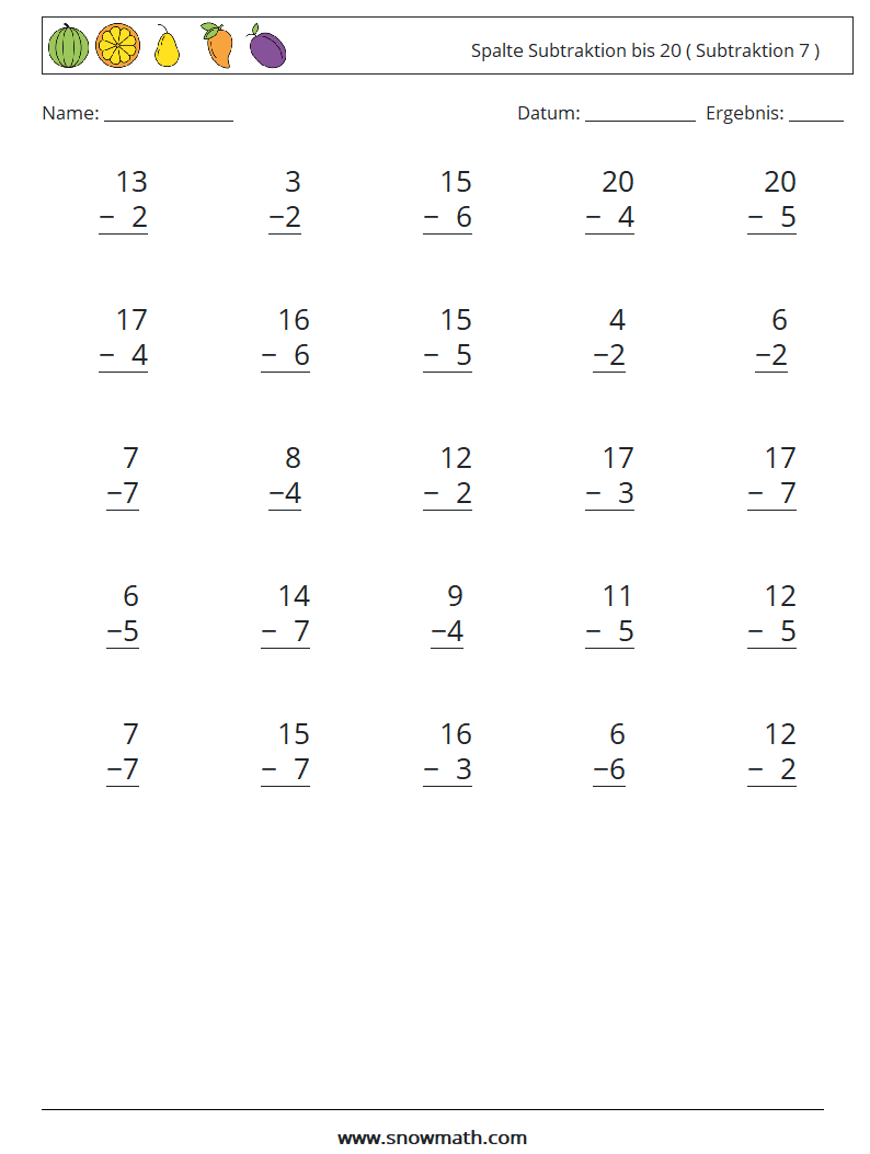 (25) Spalte Subtraktion bis 20 ( Subtraktion 7 ) Mathe-Arbeitsblätter 16