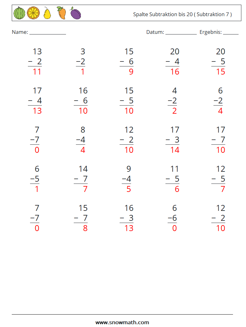 (25) Spalte Subtraktion bis 20 ( Subtraktion 7 ) Mathe-Arbeitsblätter 16 Frage, Antwort