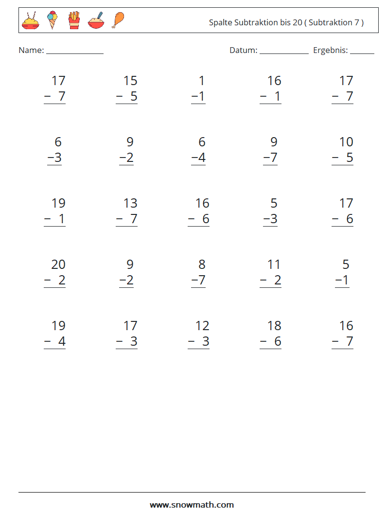 (25) Spalte Subtraktion bis 20 ( Subtraktion 7 ) Mathe-Arbeitsblätter 17