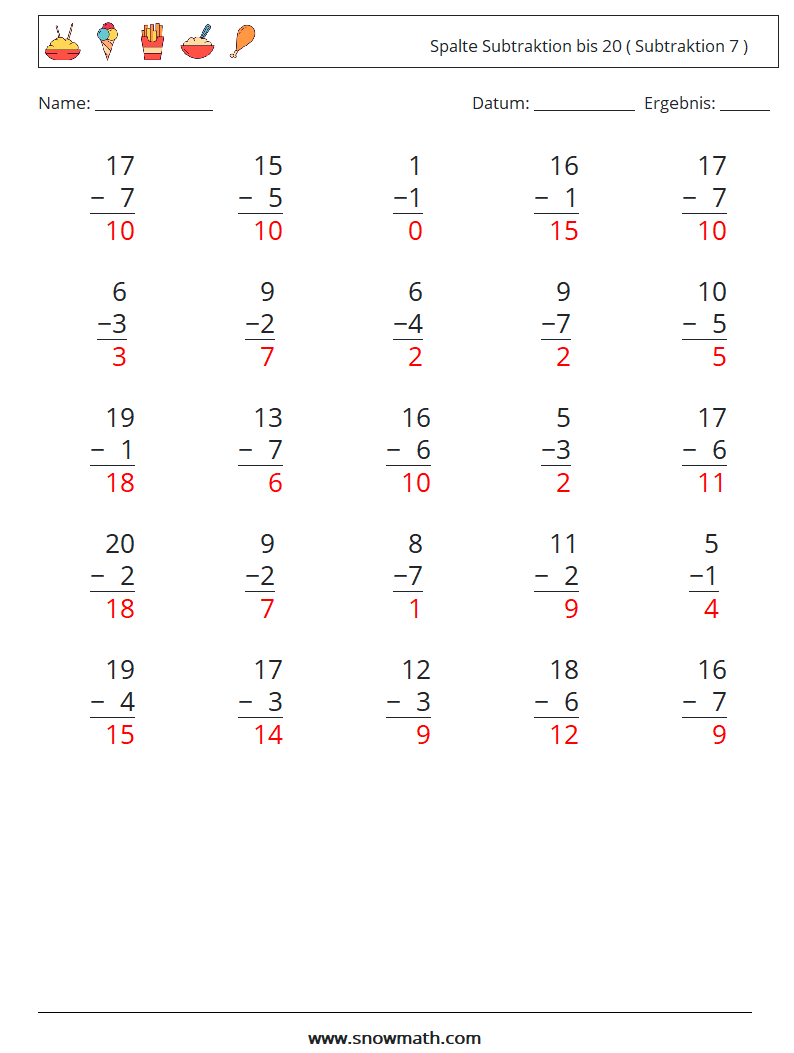 (25) Spalte Subtraktion bis 20 ( Subtraktion 7 ) Mathe-Arbeitsblätter 17 Frage, Antwort