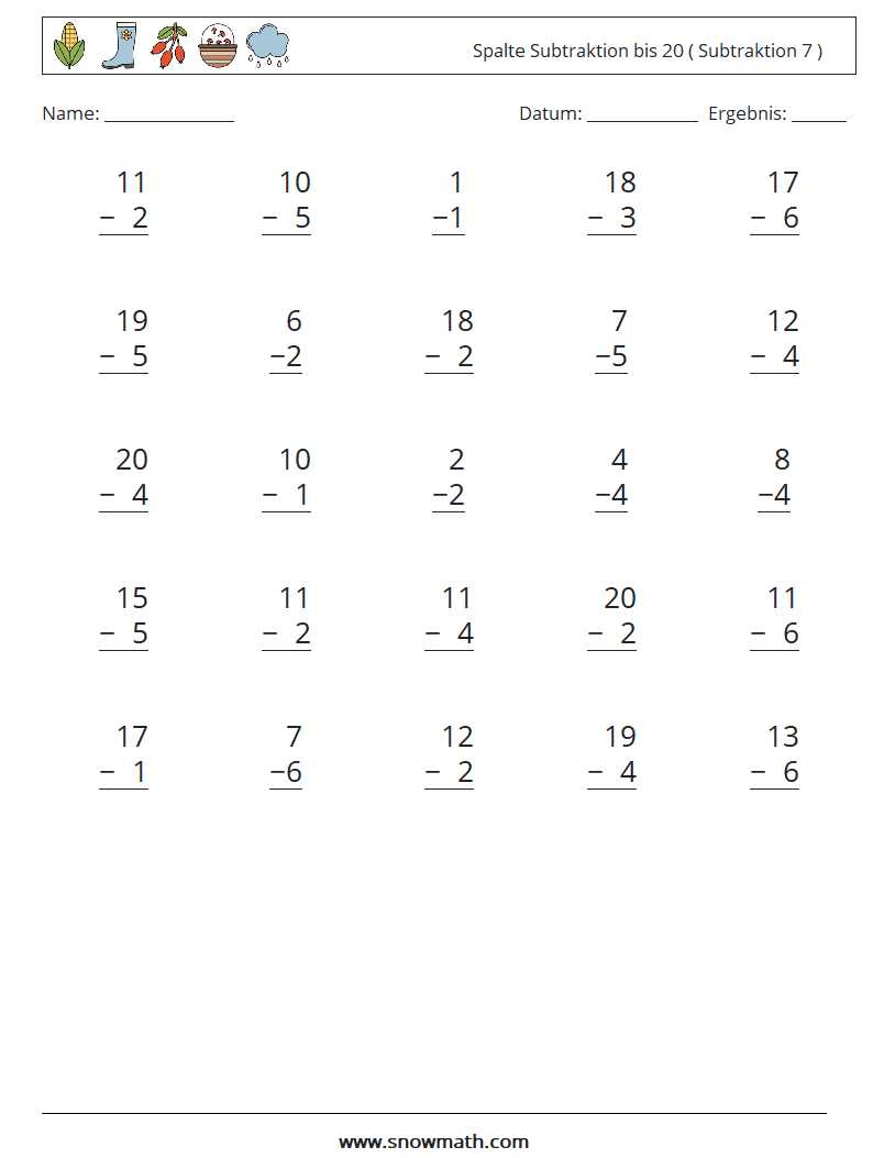 (25) Spalte Subtraktion bis 20 ( Subtraktion 7 ) Mathe-Arbeitsblätter 18