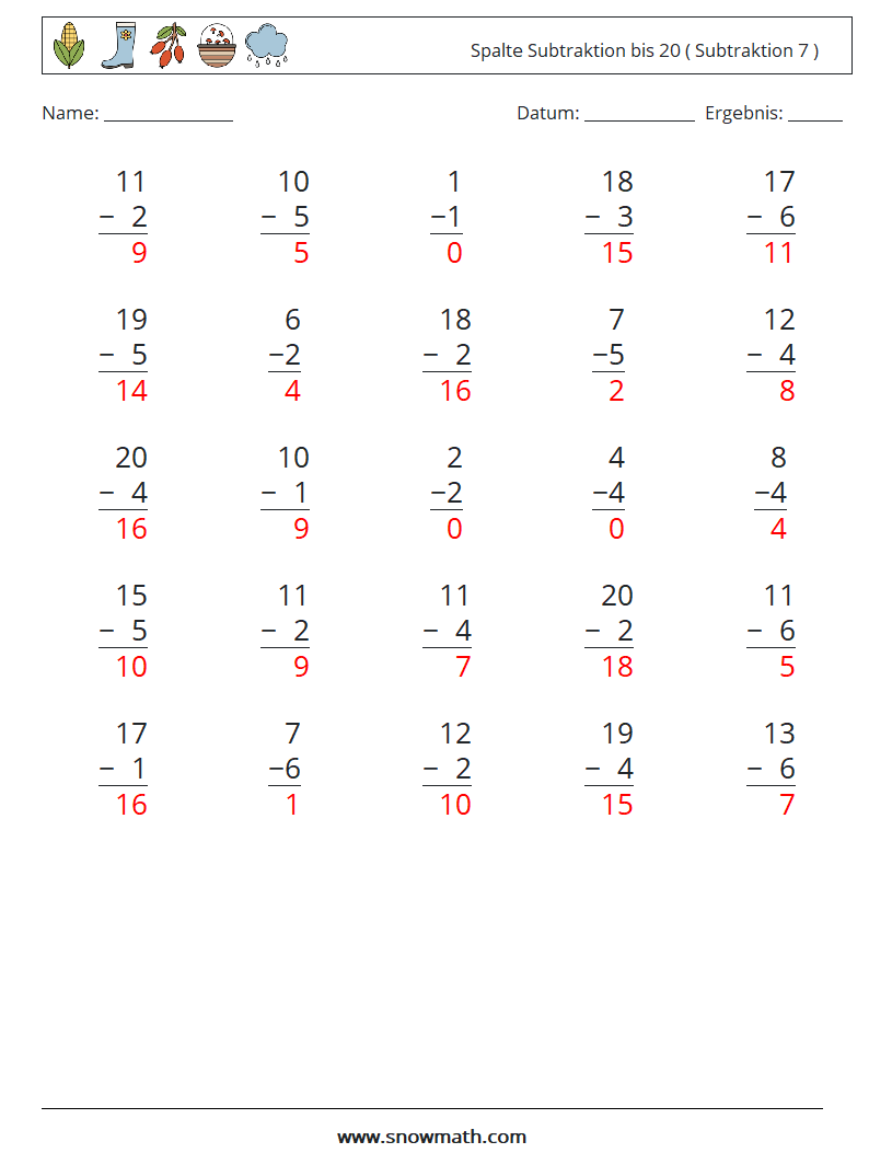 (25) Spalte Subtraktion bis 20 ( Subtraktion 7 ) Mathe-Arbeitsblätter 18 Frage, Antwort