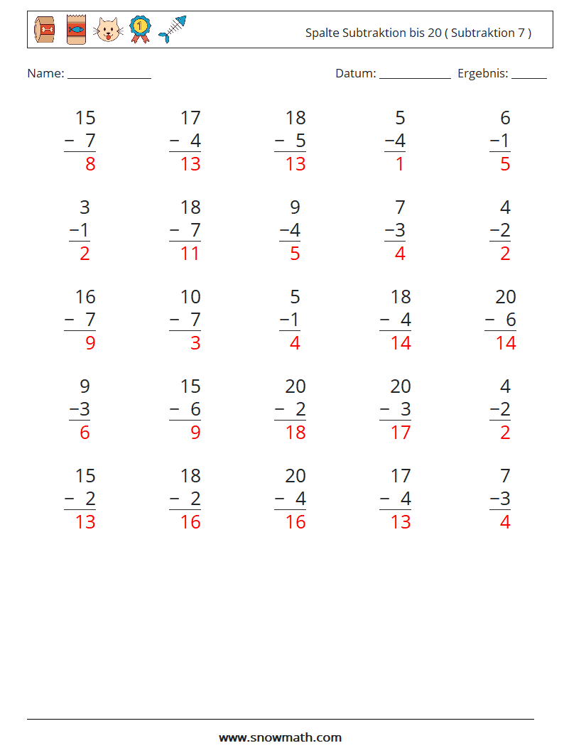(25) Spalte Subtraktion bis 20 ( Subtraktion 7 ) Mathe-Arbeitsblätter 1 Frage, Antwort