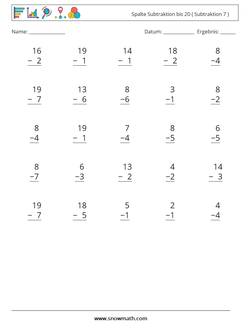 (25) Spalte Subtraktion bis 20 ( Subtraktion 7 ) Mathe-Arbeitsblätter 2